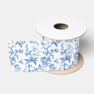 Elegant Cobalt Blue Grandmillennial Toile Floral Satin Ribbon