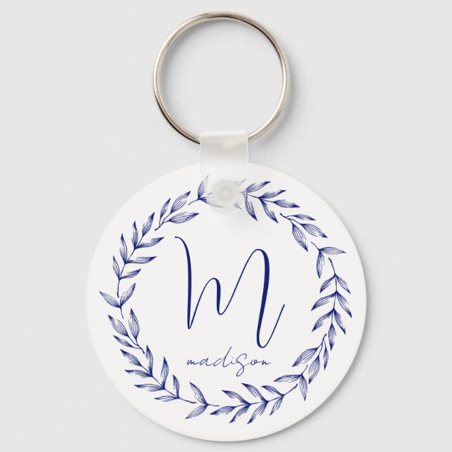 Elegant Cobalt Blue Personalized Monogram Keychain (Front)