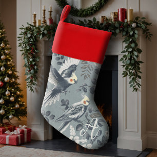Elegant Cockatiel Flight Chinoiserie Gray Floral C Christmas Stocking