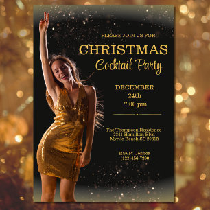 Elegant Cocktail Christmas Black Gold Party Invitation