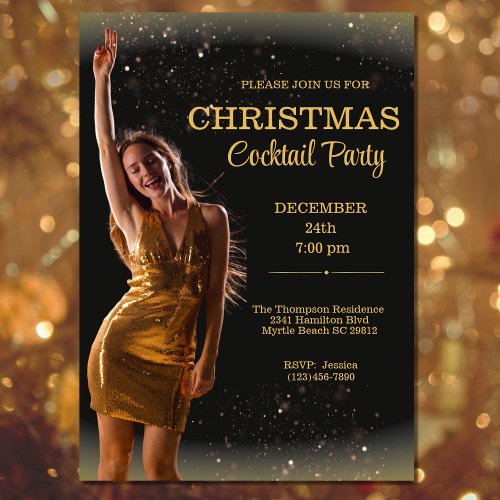 Elegant Cocktail Christmas Black Gold Party  Invitation