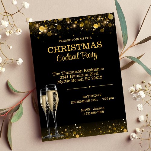 Elegant Cocktail Christmas Black Gold Party  Invitation