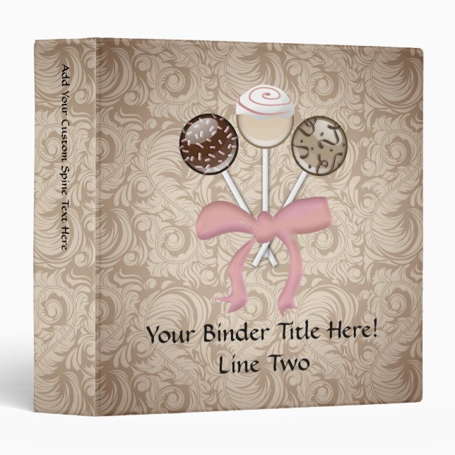 Elegant Cocoa Damask Cake Pop 3 Ring Binder (Front/Spine)