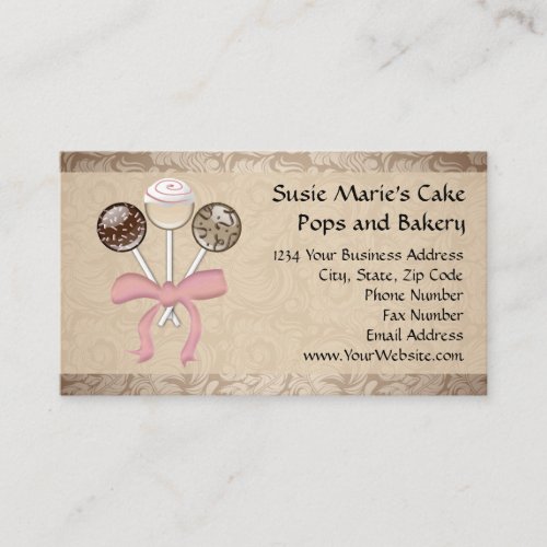 Elegant Cocoa Damask Cake Pop Bakery Business Card