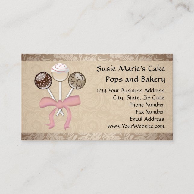 Elegant Cocoa Damask Cake Pop Bakery Business Card (Front)