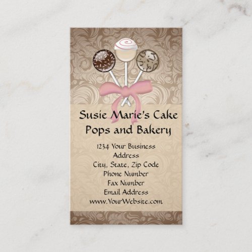 Elegant Cocoa Damask Cake Pop Business Cards