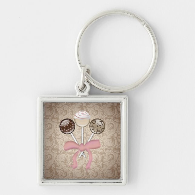 Elegant Cocoa Damask Cake Pop Keychain (Front)