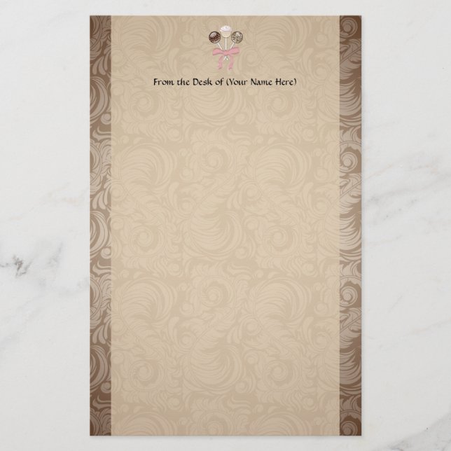 Elegant Cocoa Damask Cake Pop Stationery (Front)