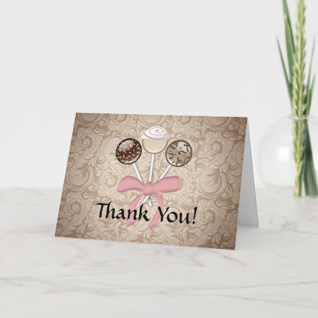 Elegant Cocoa Damask Cake Pop Thank You Card (Front)