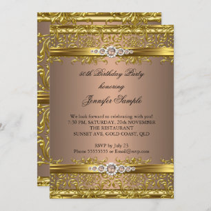 Elegant Coffee Brown Gold Damask Diamond Birthday Invitation