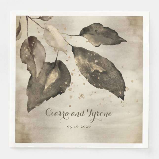 Elegant Coffee & Champagne Gold Splash Five Leaf Paper Dinner Napkins (Front)