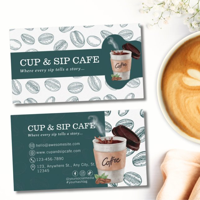 Elegant Coffee Cup Green Cafe Bakery Business Card (Creator Uploaded)