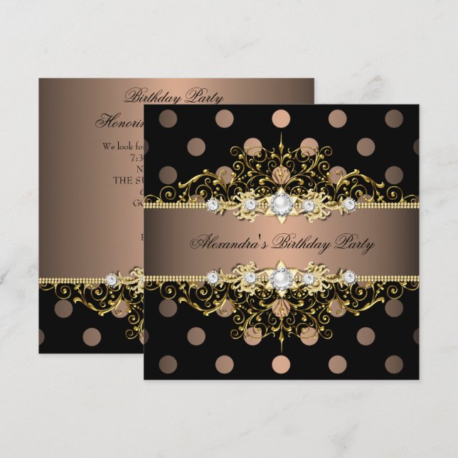 Elegant Coffee Gold Black Polka Dot Birthday Party Invitation (Front/Back)
