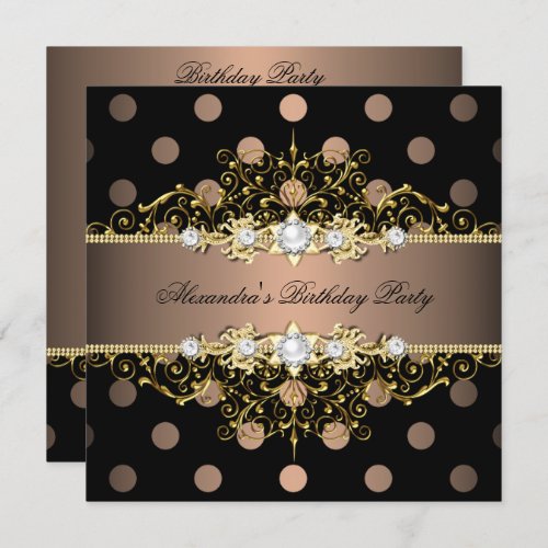 Elegant Coffee Gold Black Polka Dot Birthday Party Invitation