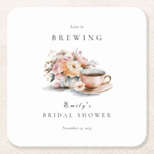 Elegant Coffee Love is Brewing Bridal Shower Square Paper Coaster