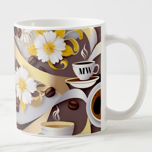 Elegant coffee yellow flowers & ribbon & initials mug (Creator Uploaded)