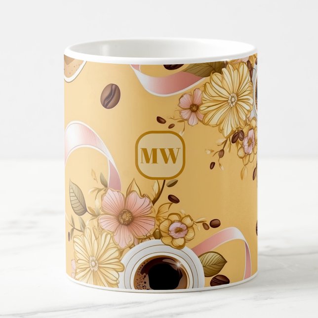 Elegant coffee yellow flowers & ribbon monogram coffee mug (Creator Uploaded)