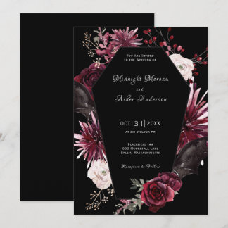 Elegant Coffin Floral Gothic Halloween Wedding Invitation