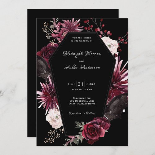 Elegant Coffin Floral Gothic Halloween Wedding Invitation