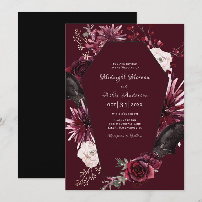 Elegant Coffin Floral Gothic Halloween Wedding Invitation (Front/Back)