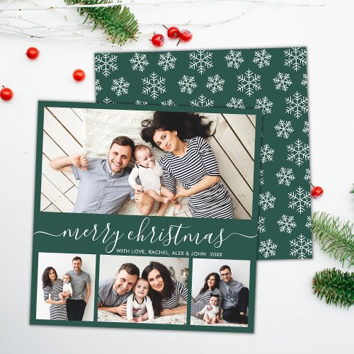 Elegant Collage Green White Snowflakes Christmas Holiday Card