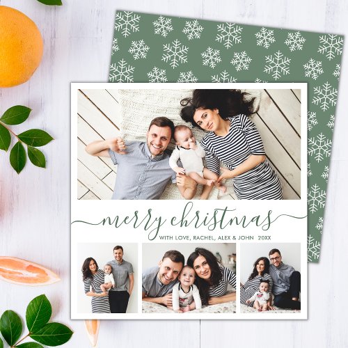 Elegant Collage Green White Snowflakes Christmas Holiday Card