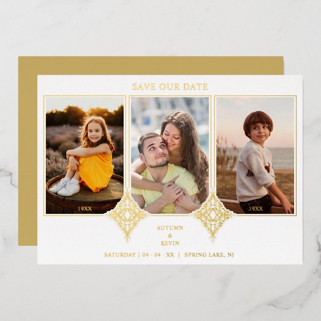 Elegant Collage Lace Romantic 3 Photos Couple Foil Invitation (Front/Back)