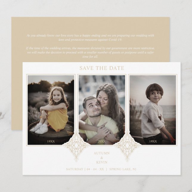 Elegant Collage Lace Then & Now 3 Photos Wedding Save The Date (Front/Back)