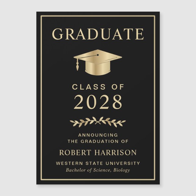 Elegant College Black Gold Graduation Magnetic Invitation (Front)