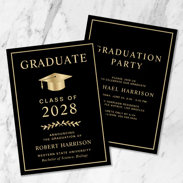 Elegant College Black Gold Graduation Party Invitation | Zazzle