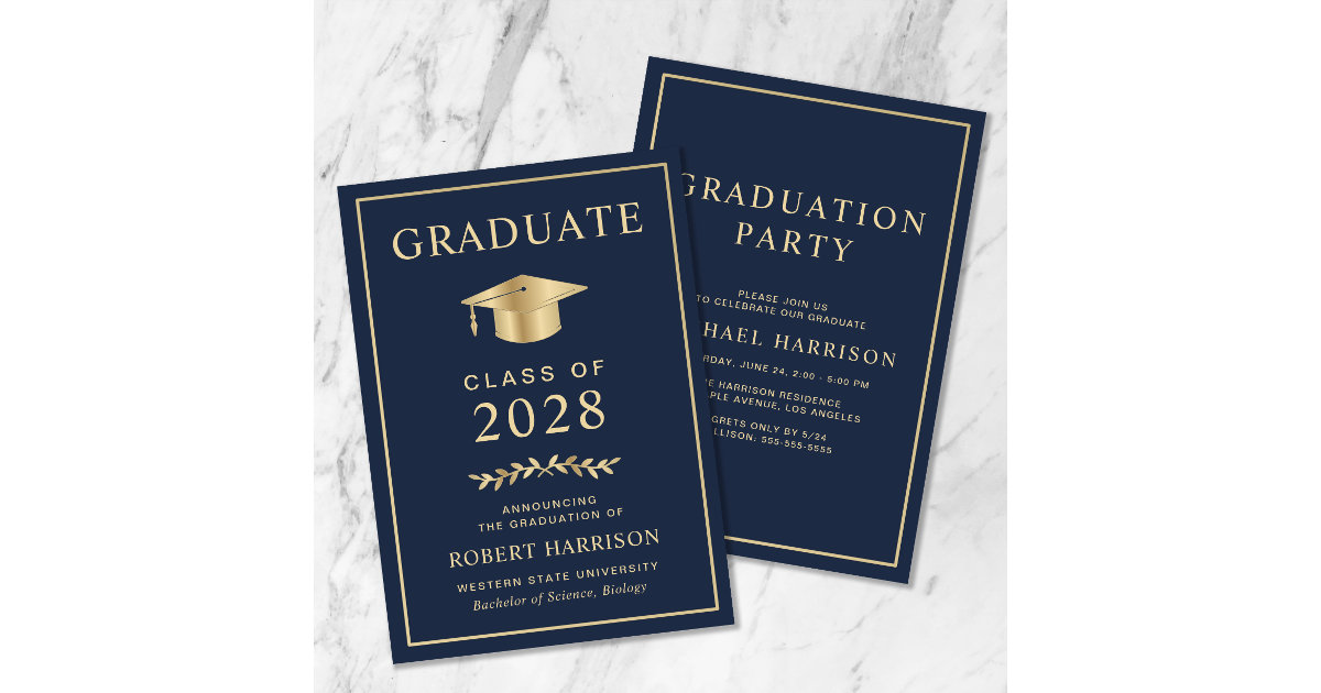 Elegant College Blue Gold Graduation Party Invitation | Zazzle