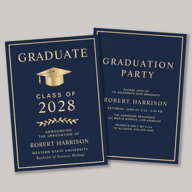 Elegant College Blue Gold Graduation Party Invitation (An elegant college graduation party invitation to celebrate the graduate's achievements)