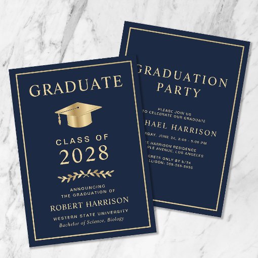 Elegant College Blue Gold Graduation Party Invitation 