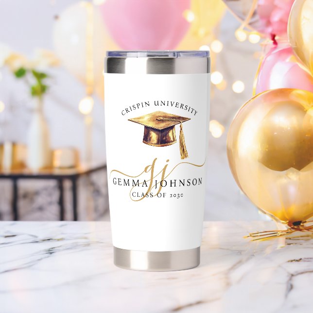 Elegant College Graduation Gold Script Monogram  Insulated Tumbler (Bachelor Party (Rotated))