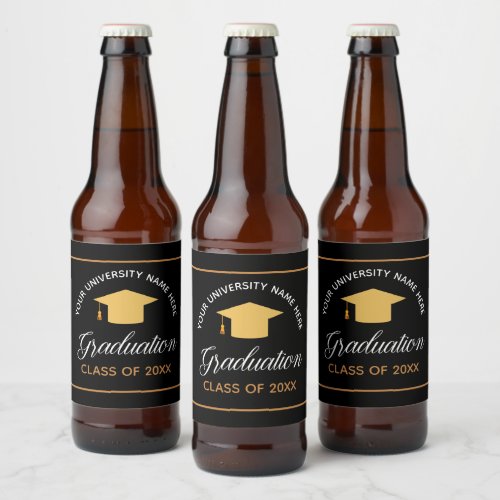 Elegant College Graduation Party Custom Black Gold Beer Bottle Label