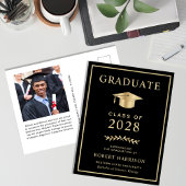 Elegant College Photo Black Gold Graduation Announcement Postcard