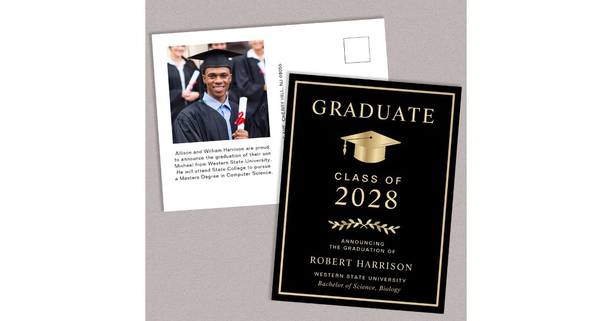 Elegant College Photo Black Gold Graduation Announcement Postcard | Zazzle