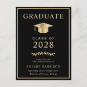 Elegant College Photo Black Gold Graduation Announcement Postcard (Front)