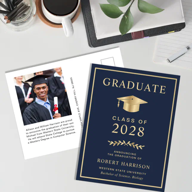 Elegant College Photo Blue Gold Graduation Announcement Postcard | Zazzle