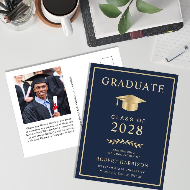 Elegant College Photo Blue Gold Graduation Announcement Postcard (Creator Uploaded)
