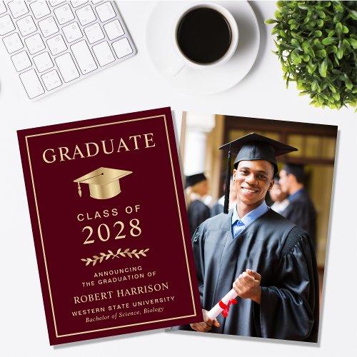 Elegant College Photo Burgundy Gold Graduation Announcement