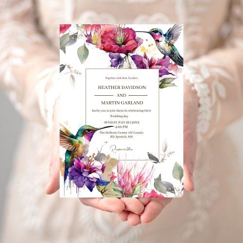 Elegant Colored Flower Floral Two Birds Wedding Invitation