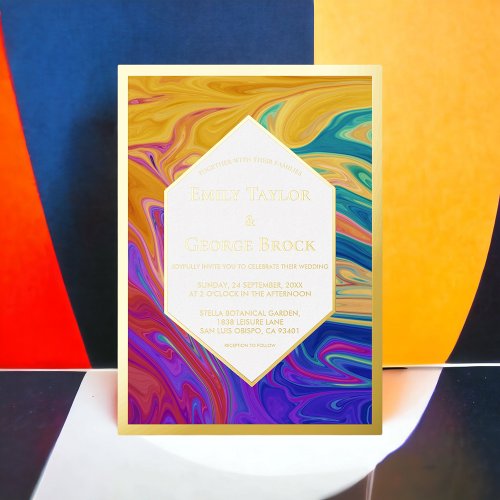 Elegant Colorful Abstract Painting Gold Wedding Foil Invitation