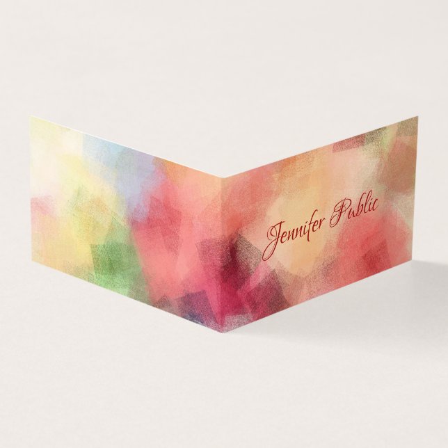 Elegant Colorful Abstract Template Hand Script Top Business Card (Outside)