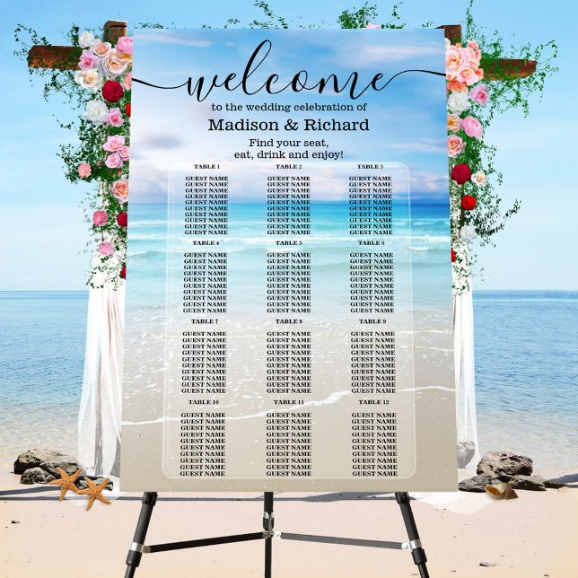 Elegant Colorful Beach Wedding Seating Chart Foam Board (Elegant colorful beach or destination wedding seating chart)