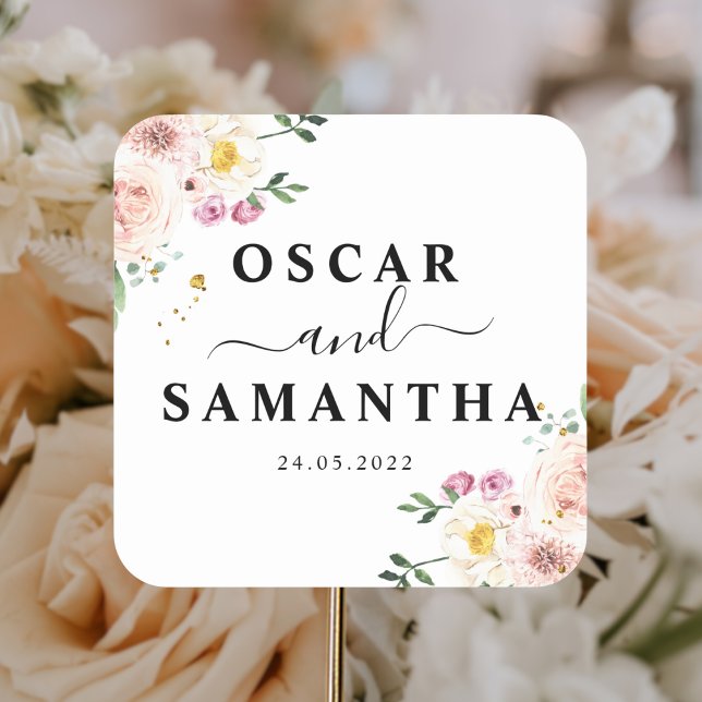 Elegant Colorful Beauty Flowers & Gold Drops Square Sticker (Creator Uploaded)