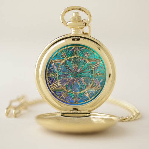 Elegant Colorful Blue Green Gold Mandala Pocket Watch