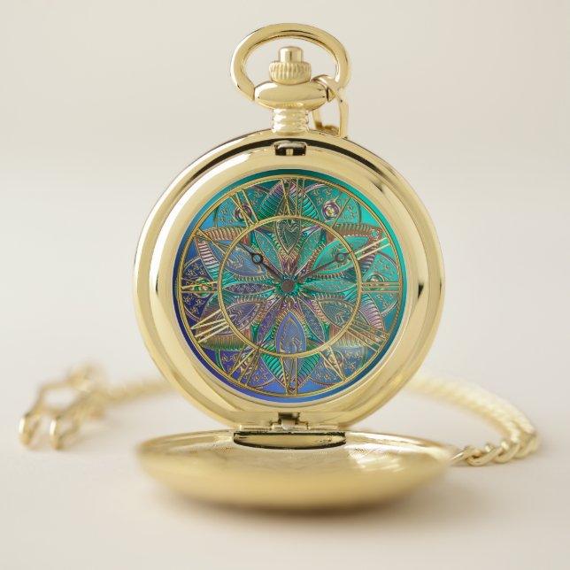 Elegant Colorful Blue Green Gold Mandala Pocket Watch (Inside)