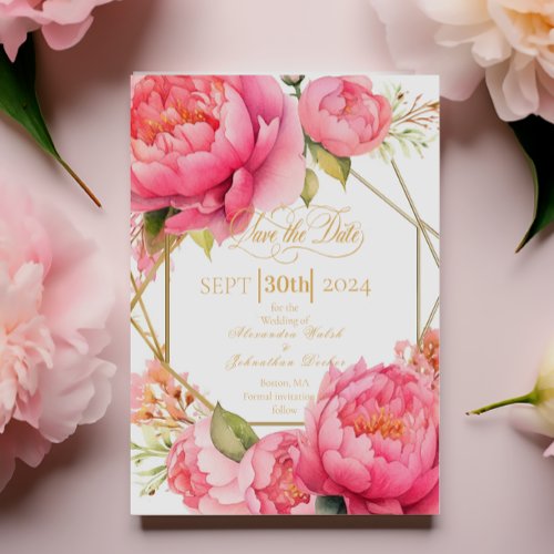 Elegant Colorful Blush Pink Peonies Script Save The Date