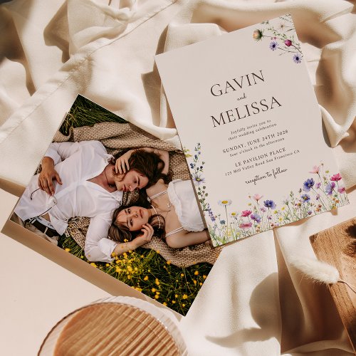 Elegant Colorful Boho Wildflower Photo Wedding Invitation